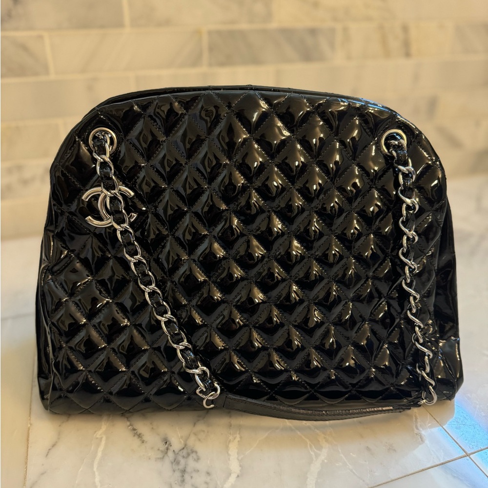 Chanel Quilted Black Patent Leather Mademoiselle
Large Bowling Bag